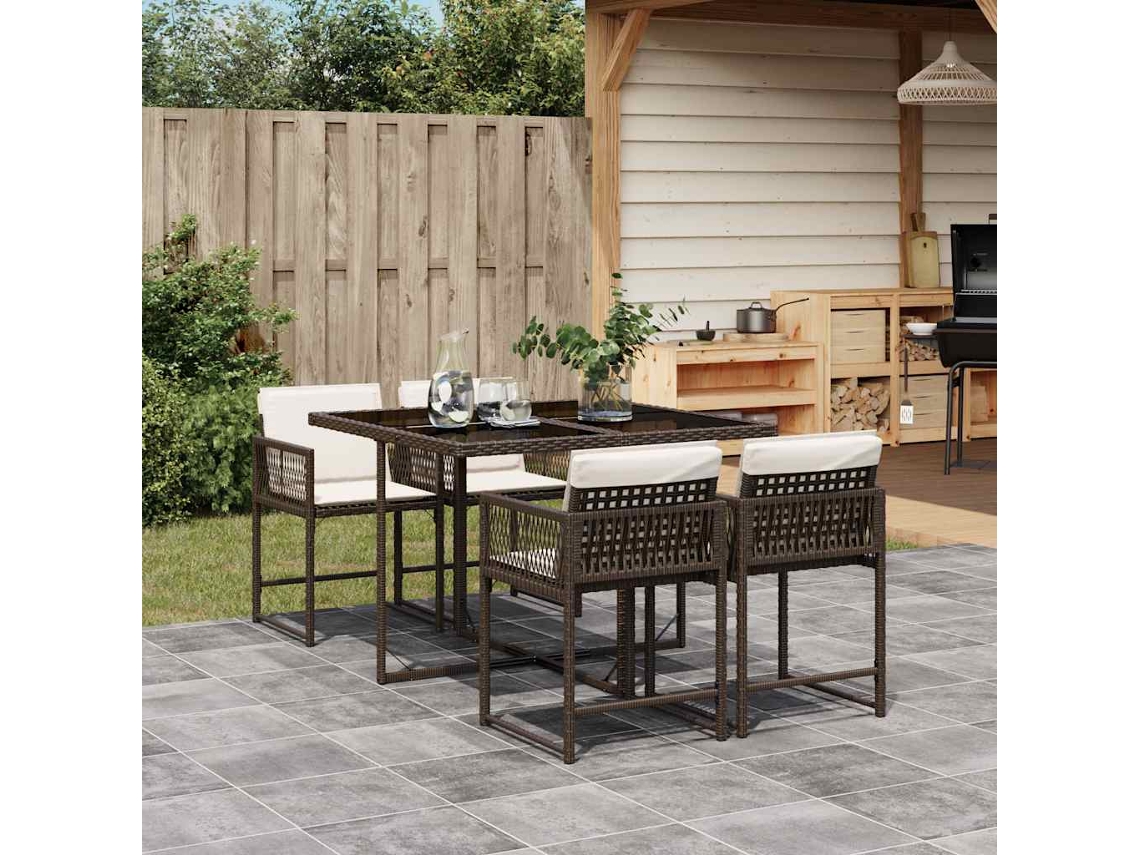 Vidaxl 5 Pcs Conjunto Jantar P/ Jardim C/ Almofadões Vime Pe Castanho