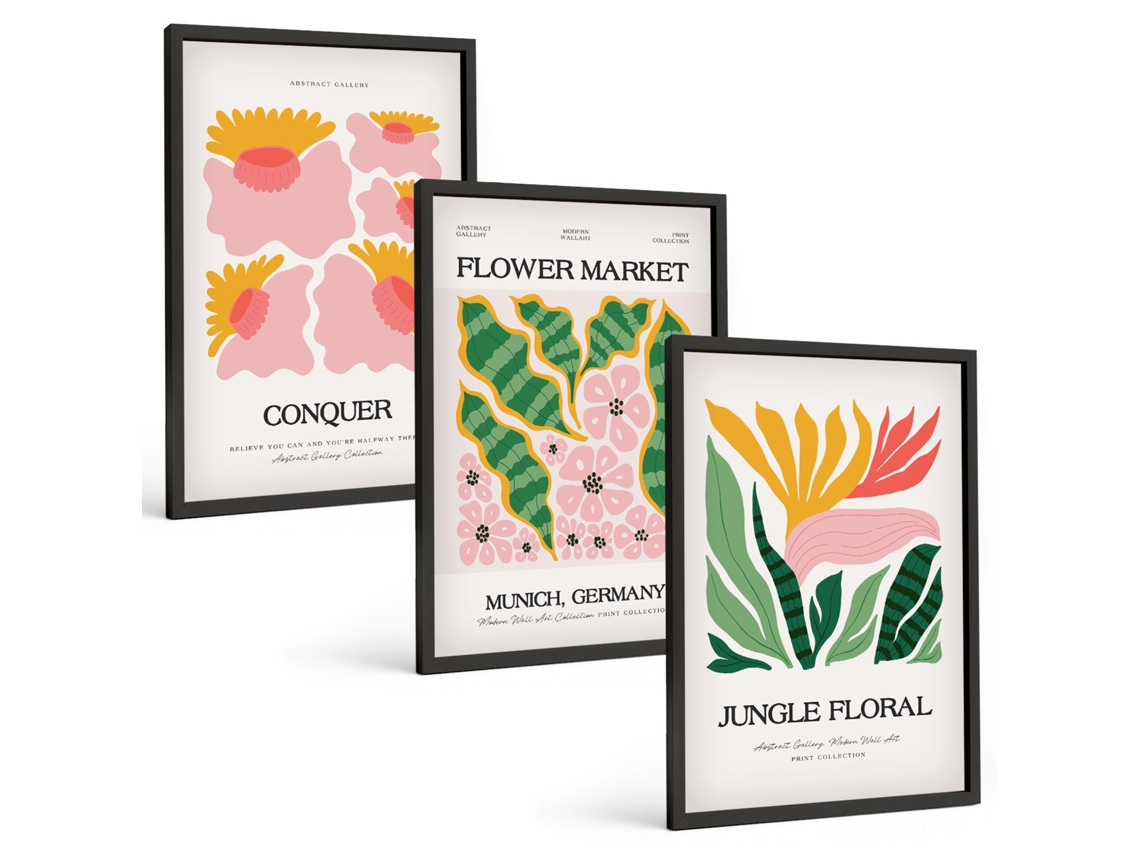Conjunto De Pinturas Flores, Folhas, Pôsteres Modernos Espelharte (3 Peças 40x60 Cm)
