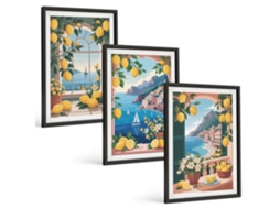 Conjunto De Pinturas Janela Com Vista Para O Mar, Limões Italianos Espelharte (3 Peças 40x60 Cm)