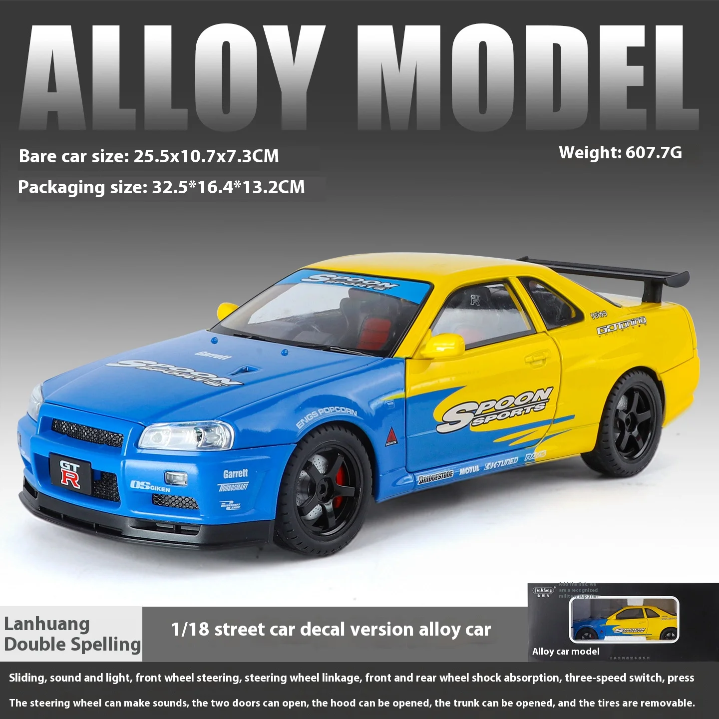 (azul) Miniatura Colecionável Extra Grande Em Escala 1:18 Do Carro De Corrida Gtr Com Pneus Removíveis