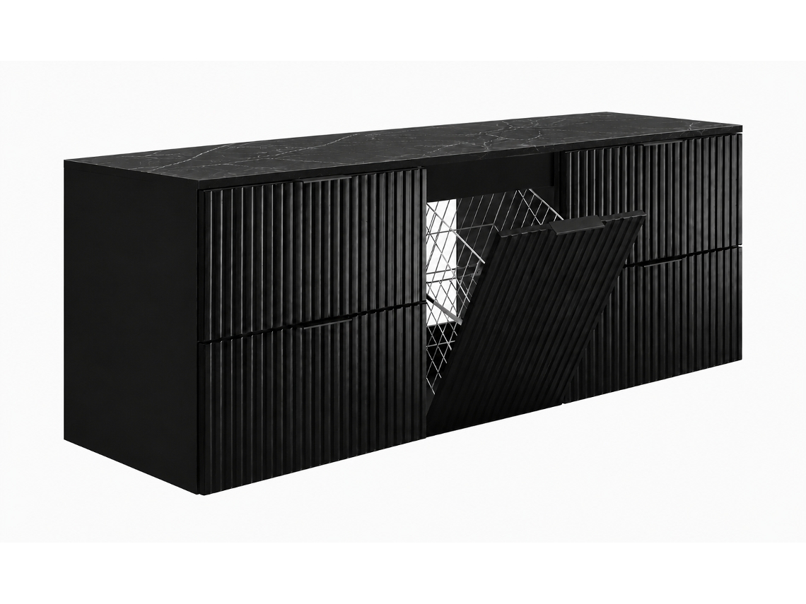 Móvel De Casa De Banho Suspenso Para Lavatório Com Cesto De Roupa, Preto / Tampo Carvalho Craft, Puxadores Dourados, 160 X 46 X 57 Cm