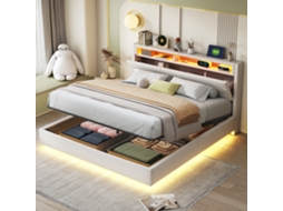 Cama Bege 160x200cm Estofada, Hidráulica Flutuante, Usb, Led, Cabeceira Reversível.-op