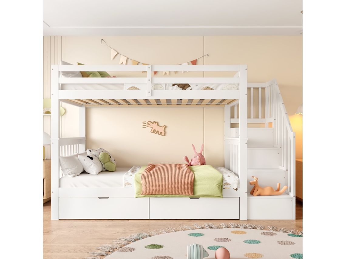 Beliche 90x200cm com escada com armazenamento, 2 gavetas, grade alta, sem colchão branco KOMHTOM