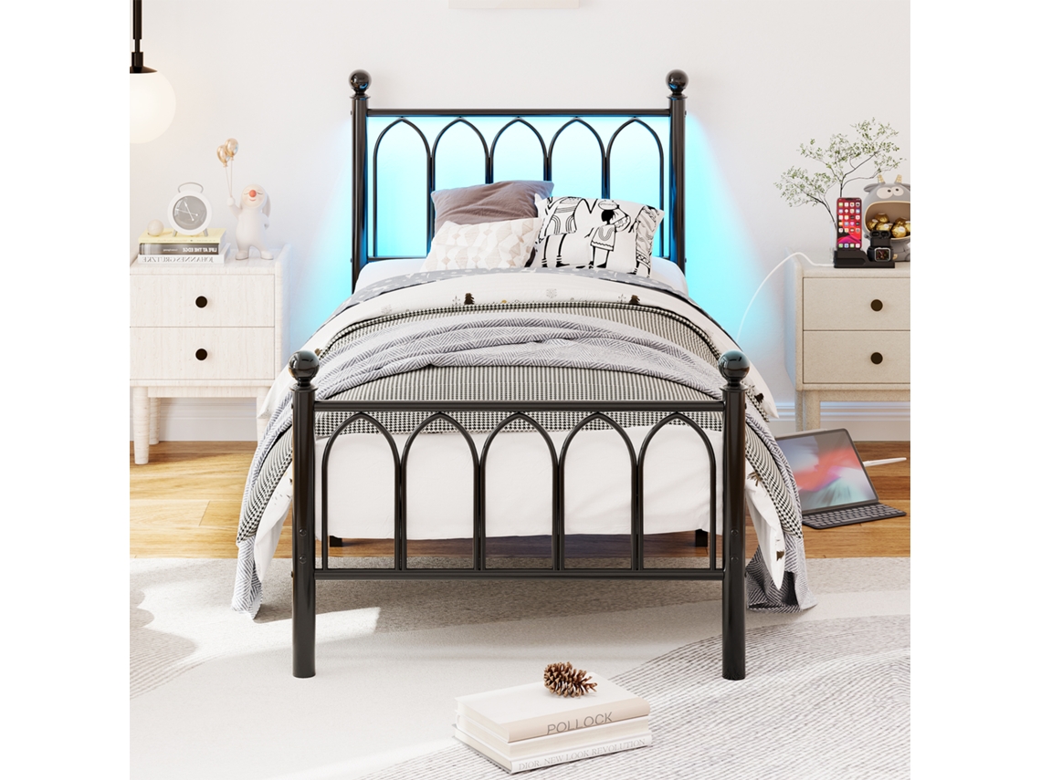 Cama Metálica 90x200 Cabeceira E Pés Vintage, Led, Usb, Arrumação Debaixo Da Cama Preto Mobrio