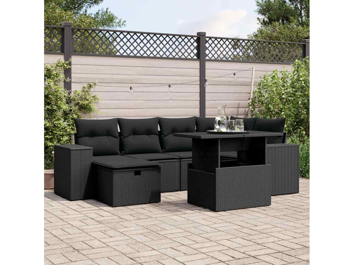 Vidaxl 7 Pcs Conjunto De Sofás P/ Jardim C/ Almofadões Vime Pe Preto