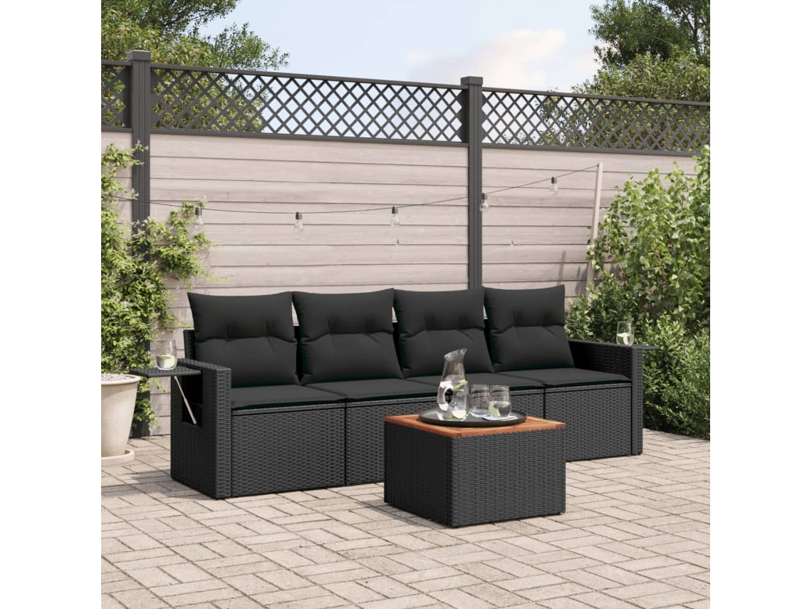Vidaxl 5 Pcs Conjunto Sofás De Jardim Com Almofadões Vime Pe Preto