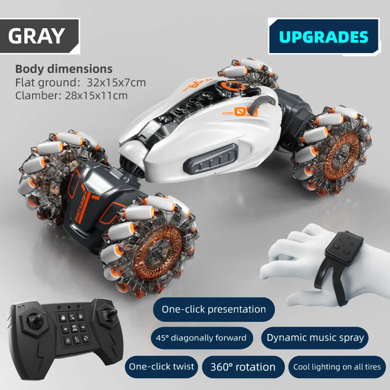 (cinza) Carrinho De Controle Remoto 2.4g Com Sensor De Gestos, Tração Nas Quatro Rodas, Faróis Extragrandes E Jato De Água