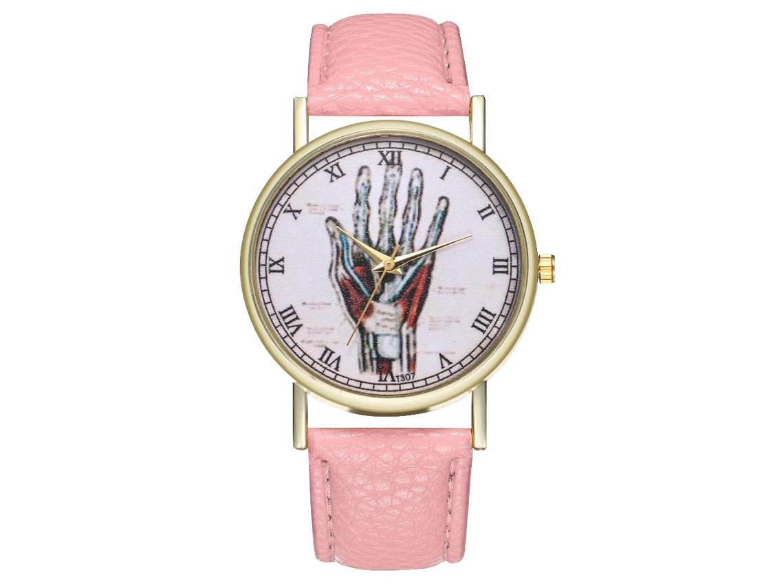 Relógio de quartzo casual unissex com pulseira de couro PU rosa e mostrador redondo.