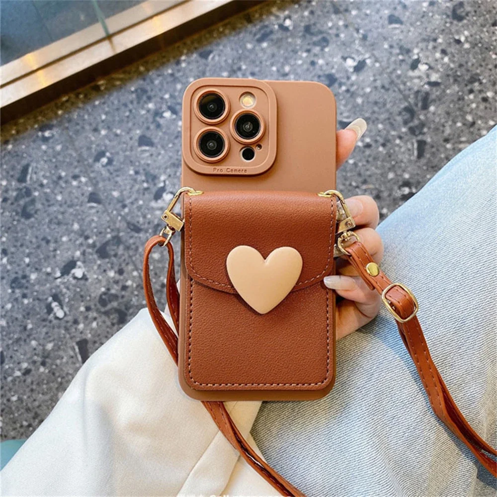 (iphone Xr Marrom) Colar Transversal Fofo Com Porta-cartões E Capa Para Celular, Estampa De Coração