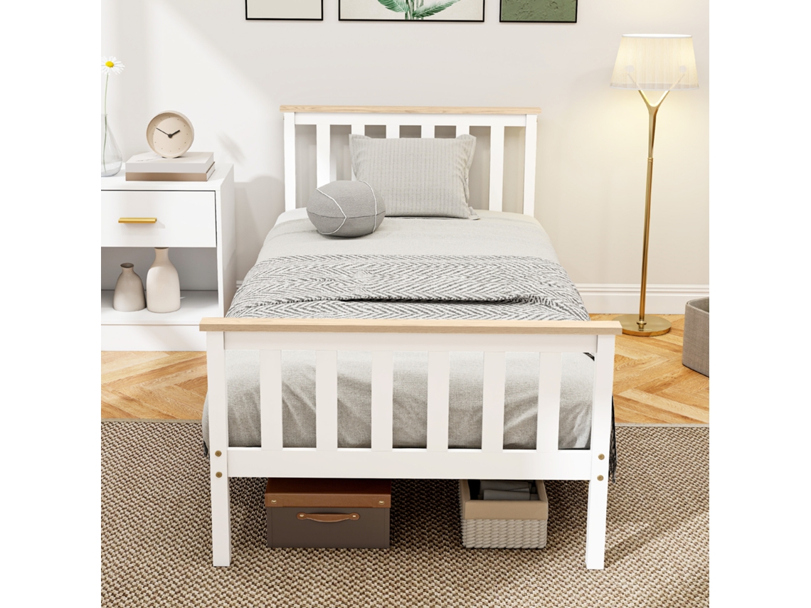 Single Bed Frame, Wooden Bed Frame, Bottom Storage, Natural Wood, White