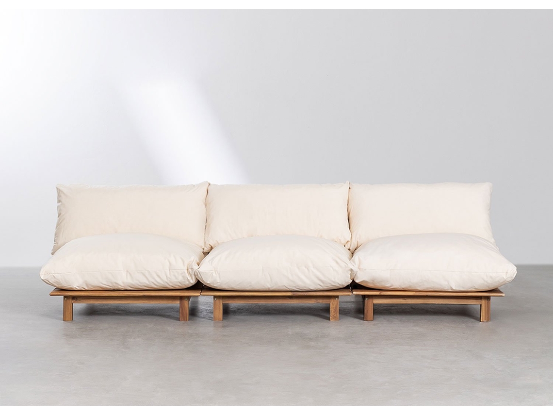 Sklum Sofá Reclinável Modular Brina De 3 Peças Em Madeira De Acácia Poliéster Beige Creme