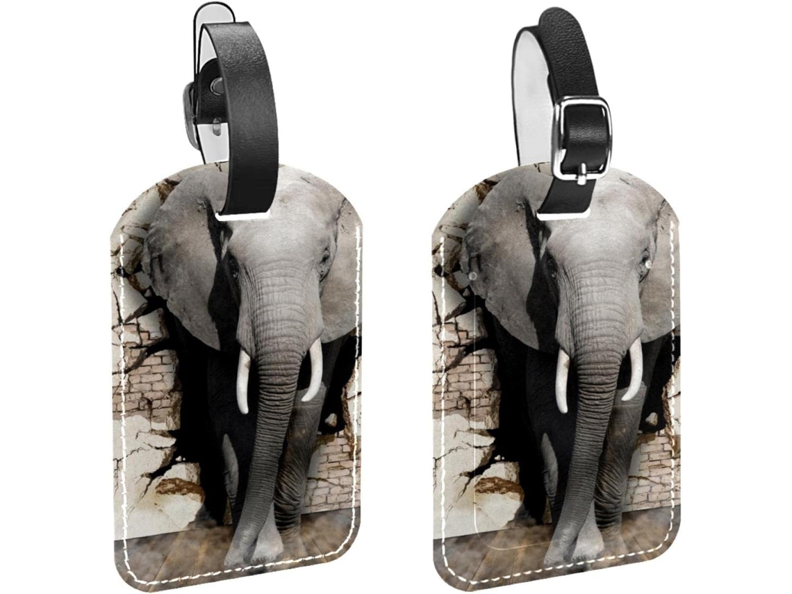 Conjunto De 2 Etiquetas Bagagem Em Imitação Couro Com Estampa Elefante Saindo Da Parede