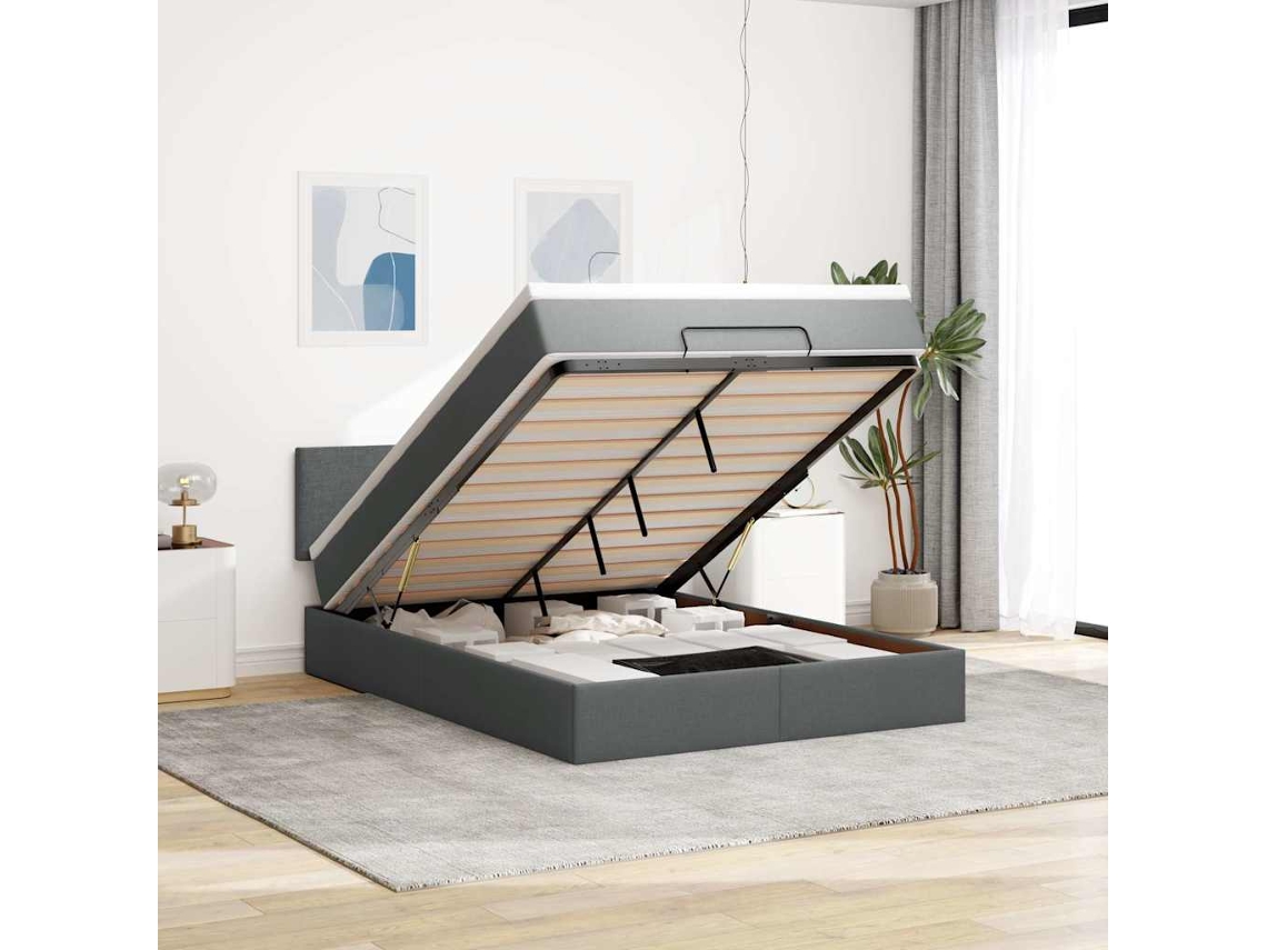 Vidaxl Cama Otomana Com Colchão Leds Cinzento Escuro 140x190cm
