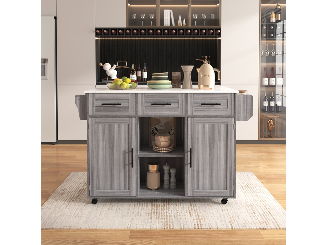 Carrinho De Servir Grande 139x46x91,5cm Em Madeira Cinza Com Tampa De Mármore Branco E Portas De Armazenamento Dobráveis Mega Echo Trade Shop