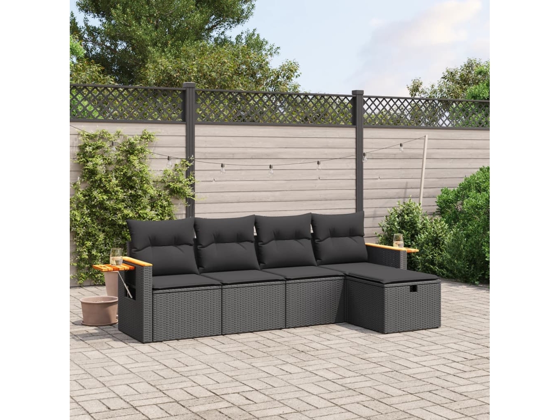 Conjunto de sofá de jardim de 5 peças com almofadas Vime Pe Black Lovely Home