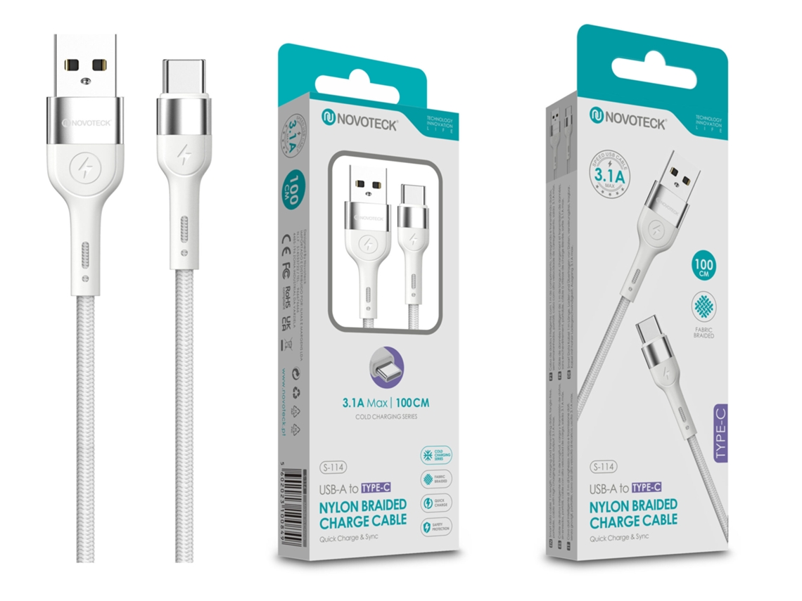 Cabo De Dados Trançado Nylon 3.1a Carregamento Rápido Branco , Type C Usb , 1.0m