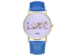 Relógio de pulso unissex em couro PU com letras "Love" e movimento de quartzo (azul royal)