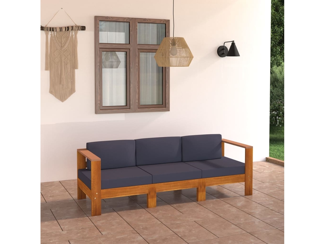 Vidaxl Sofá Jardim 3 Lugares C/ Almofadões Cinza-escuro Madeira Acácia