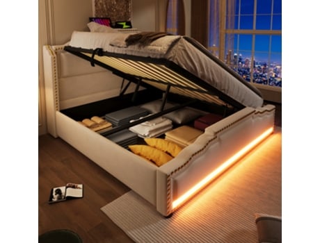 Polsterbett 160x200 Cm Com Armazenamento Hidráulico, Iluminação Led, Porta Usb-c, Cama Casal Com Estrado E Colchão, Veludo, Bege