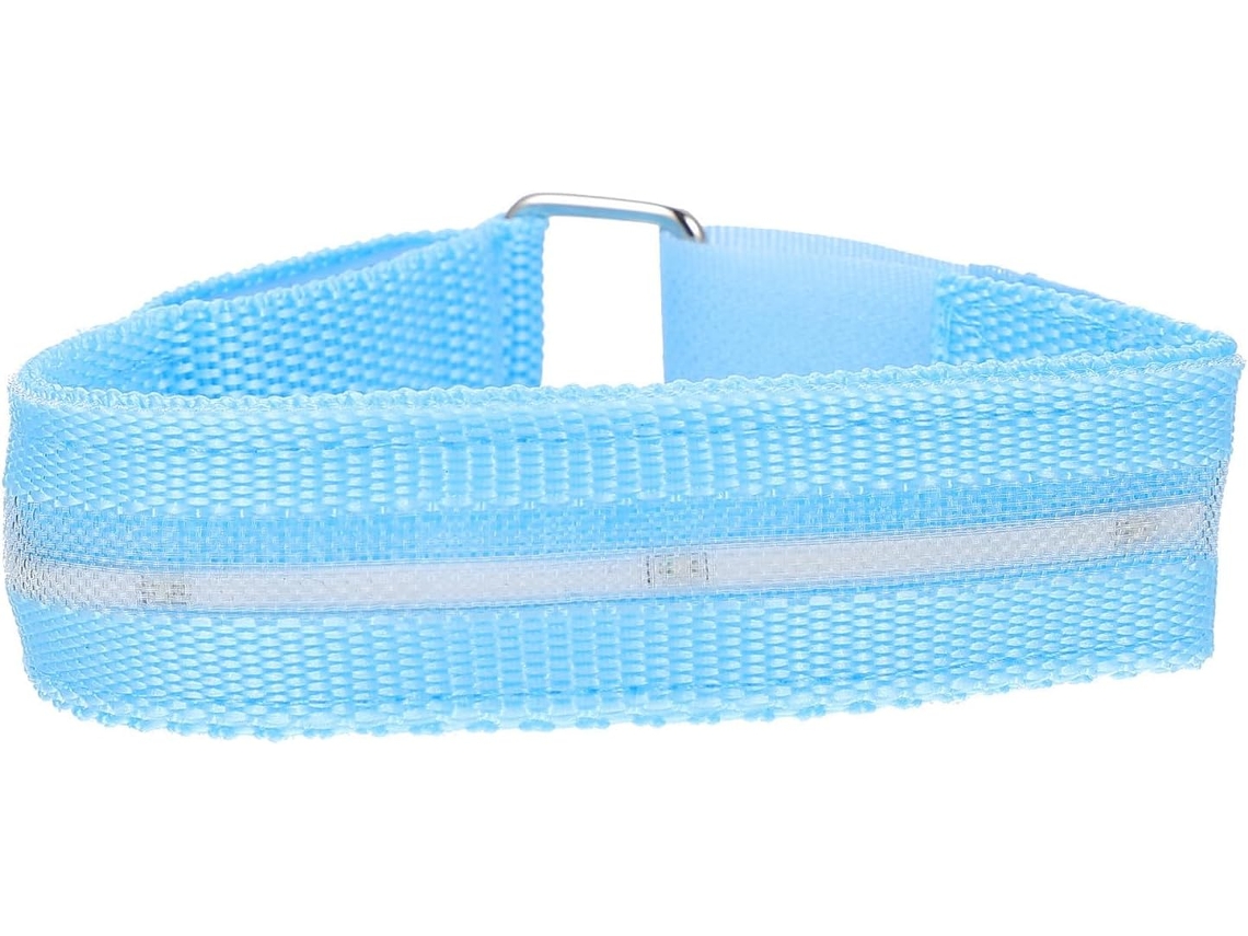 Pulseira genérica com luzes LED, alimentada por bateria tipo botão, leve e ajustável, azul, ideal para atividades ao ar livre.