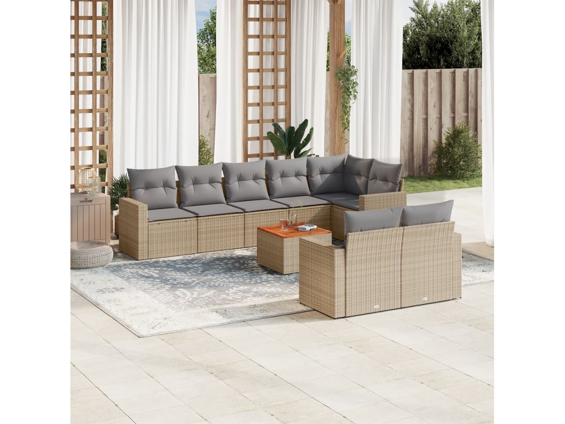 Vidaxl 9 Pcs Conjunto De Sofás P/ Jardim Com Almofadões Vime Pe Bege