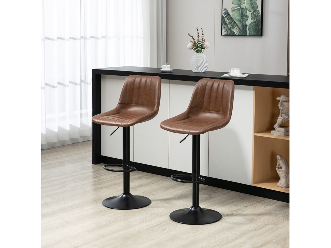 Conjunto De 2 Banquetas Altura Ajustável Em Couro Sintético Com Descanso Para Pés Em Aço Marrom Para Cozinha E Bar Mega Echo Trade Shop