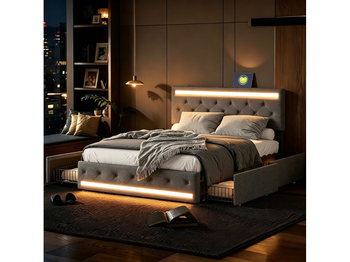 Cama De Casal 160x200 Com Estrado De Ripas Com Led E Usb, Cabeceira E 4 Gavetas, Estofada.