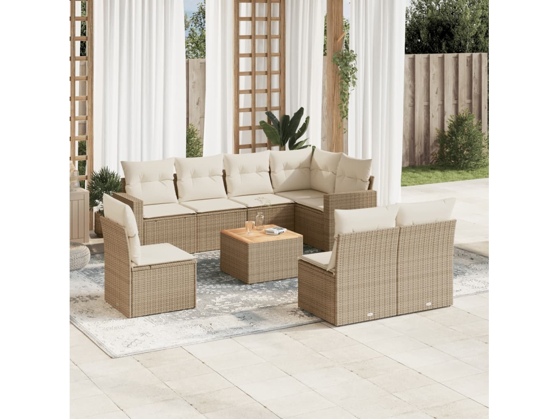 Vidaxl 9 Pcs Conjunto De Sofás P/ Jardim Com Almofadões Vime Pe Bege