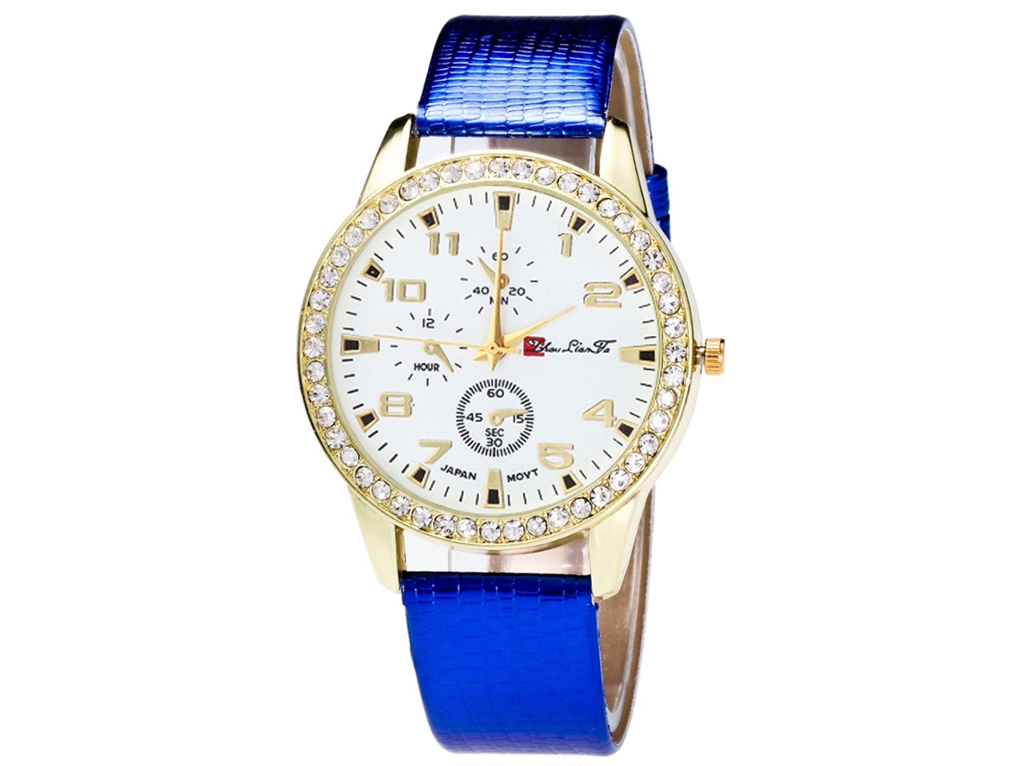 Relógio de quartzo com pulseira de couro PU, mostrador redondo, modelo simples para casais (azul)