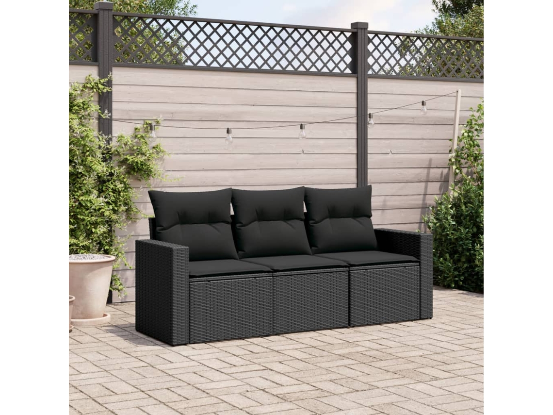 Vidaxl 3 Pcs Conjunto Sofás De Jardim Com Almofadões Vime Pe Preto