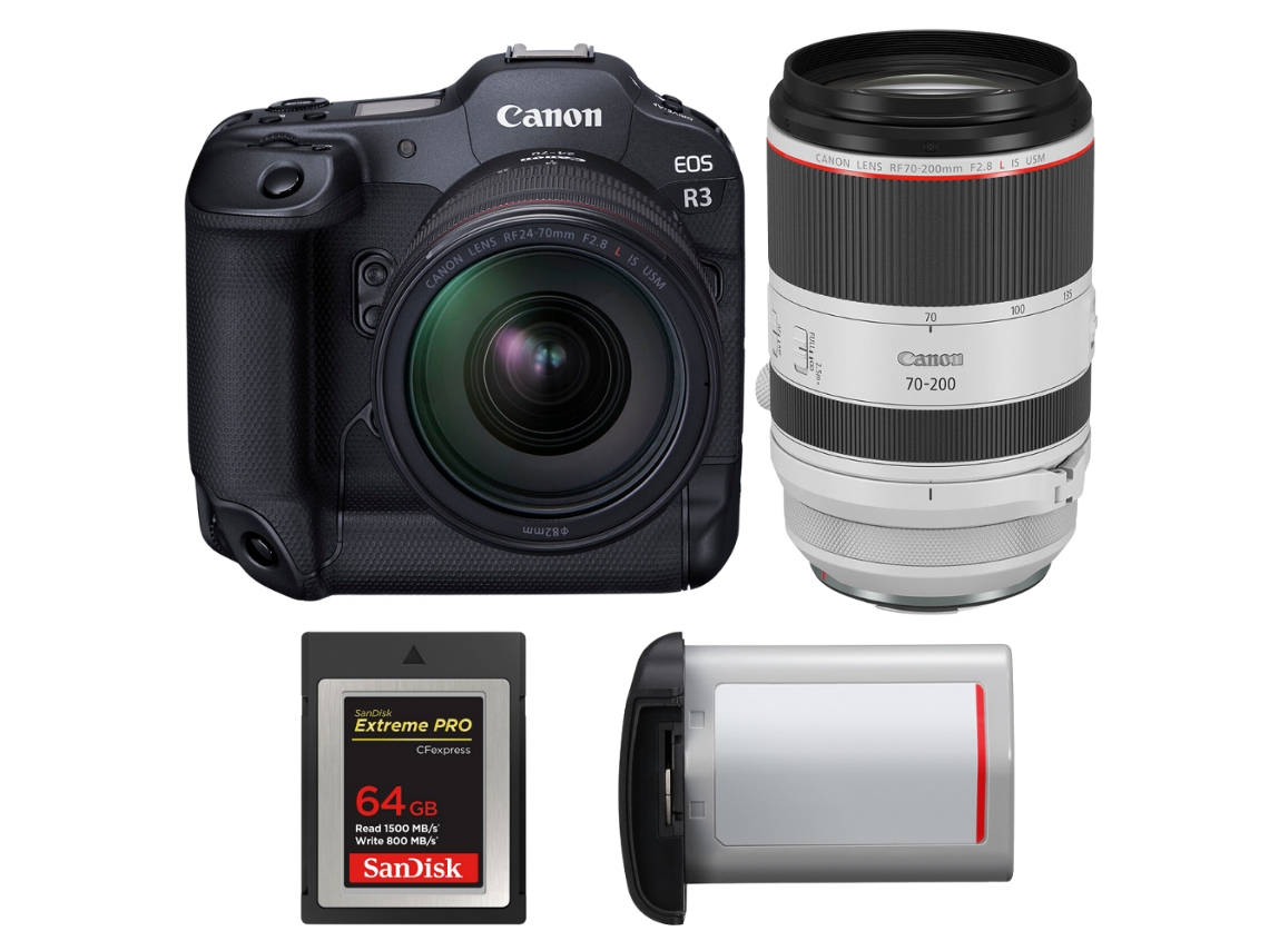 Eos R3 + Rf 24 70mm F/2.8 L Is Usm + Rf 70 200mm F/2.8 L Is Usm + 1 Sandisk 64gb Extreme Pro Cfexpress Type B + Canon Lp e + Ebook Pricedirect CANON