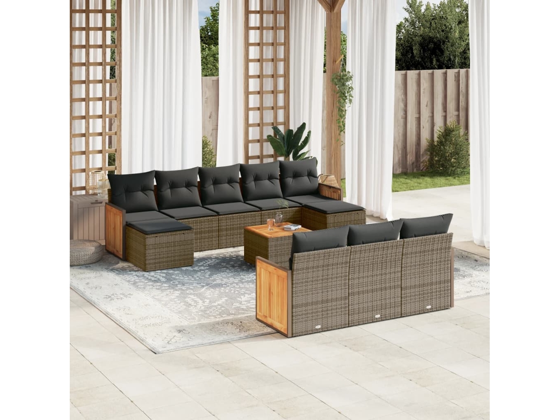 Vidaxl 11 Pcs Conjunto Sofás De Jardim C/ Almofadões Vime Pe Cinzento