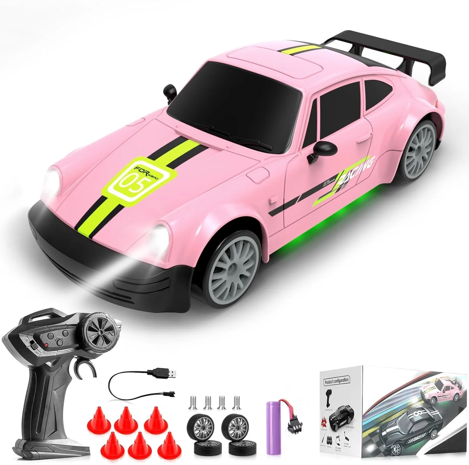 Carro de Drift Rc 4wd em Escala 1:24, Drift em Alta Velocidade em Formato de U, Led Recarregável MDUG (rosa)