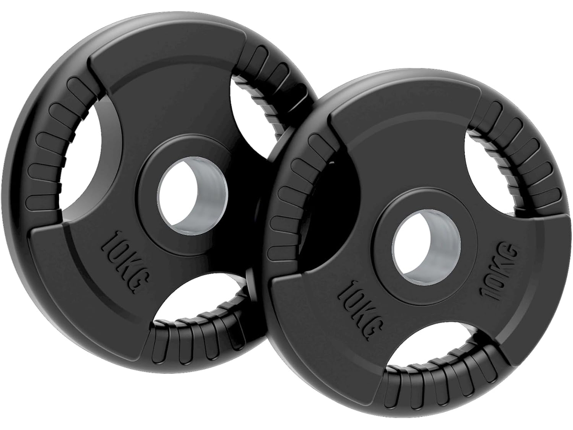 2 anilhas olímpicas de 10 kg com revestimento de borracha – Tri-grip em ferro fundido, compatíveis com barras de 50 mm, Ideais