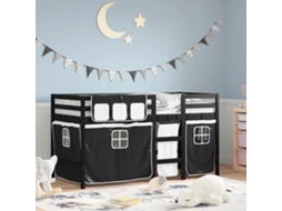 Cama Alta Criança C/ Cortina 90x200cm Pinho Maciço Branco/preto