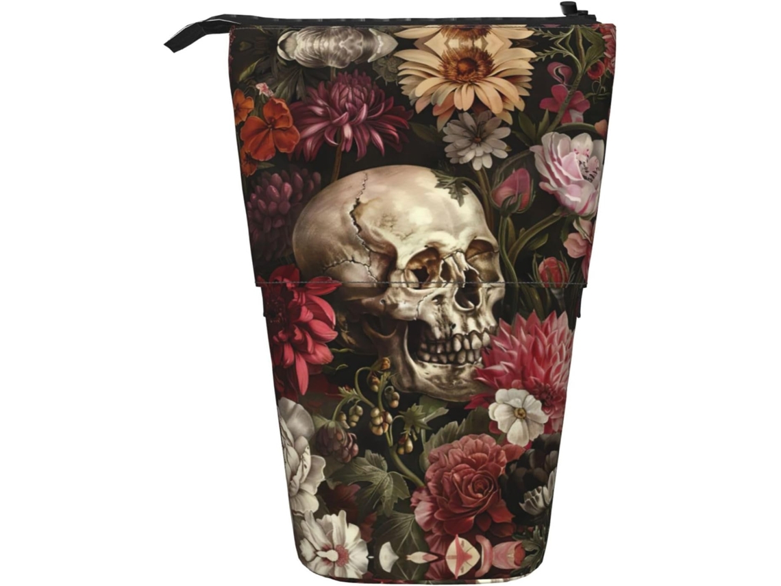 Estojo telescópico com estampa floral de caveira, resistente, multifuncional e que fica em pé.