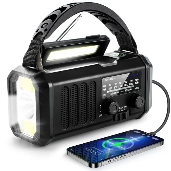 Rádio de Emergência AQUAFORGE com manivela, 10000mah, solar am/fm com previsão do tempo, carregamento usb c, lanterna e luz de leitura led