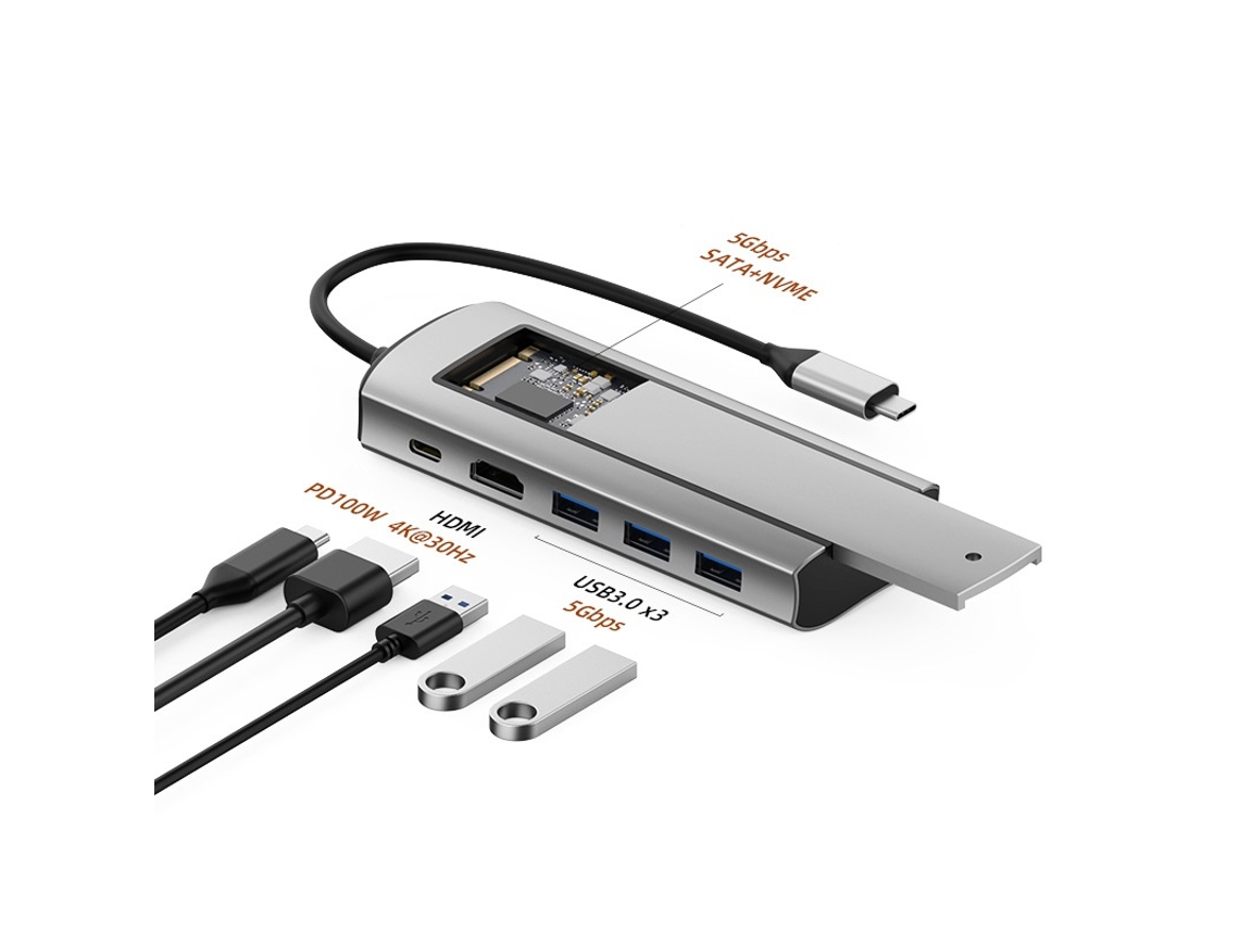 Estação de Ancoragem YIZHOOD 6-Em-1 Usb C Hub Função de Armazenamento em Disco M.2 Nvme Sata Ssd para Hdtv para Pro Cinza