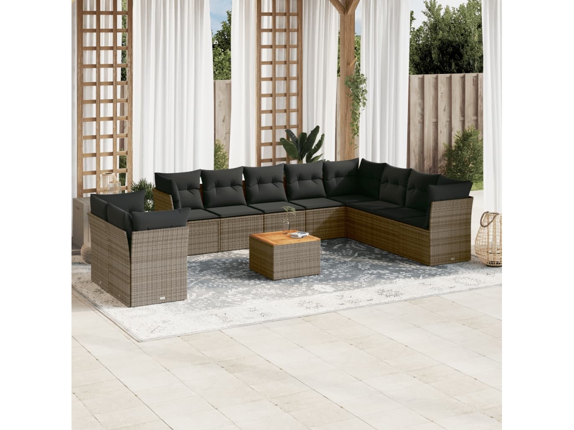 Vidaxl 11 Pcs Conjunto Sofás De Jardim C/ Almofadões Vime Pe Cinzento