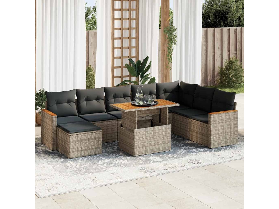 Vidaxl 9 Pcs Conjunto Sofás Jardim Almofadões Vime Pe/acácia Cinzento