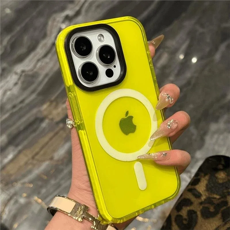 Capa Para Iphone 12 Pro Max (amarela) Com Carregamento Sem Fio E Moldura Magnética Transparente Na Parte Traseira