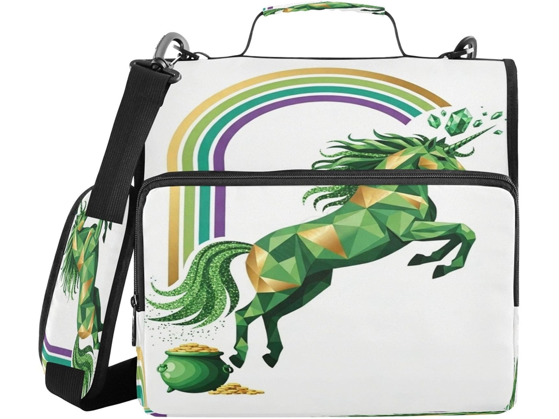 Organizador de mesa com vários bolsos para uso escolar, com estampa de unicórnio verde ou "Dia Feliz".