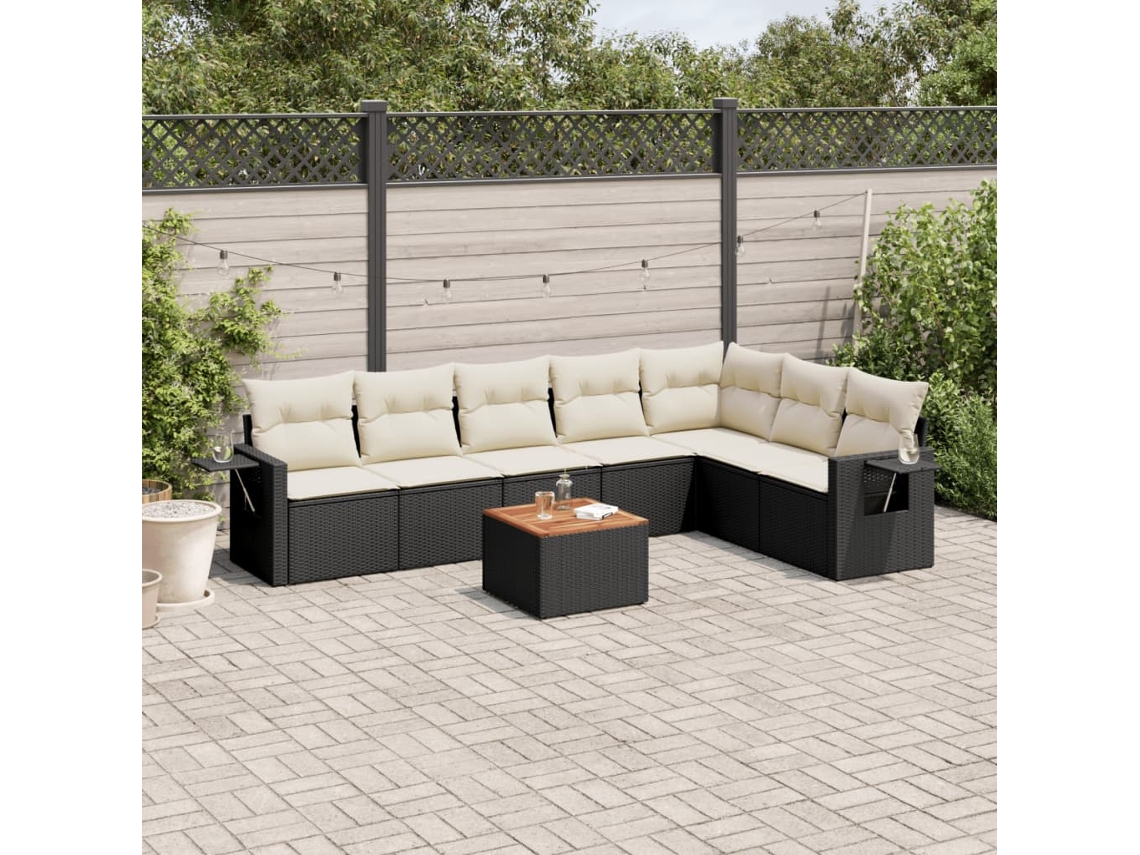 Vidaxl 8 Pcs Conjunto Sofás De Jardim Com Almofadões Vime Pe Preto