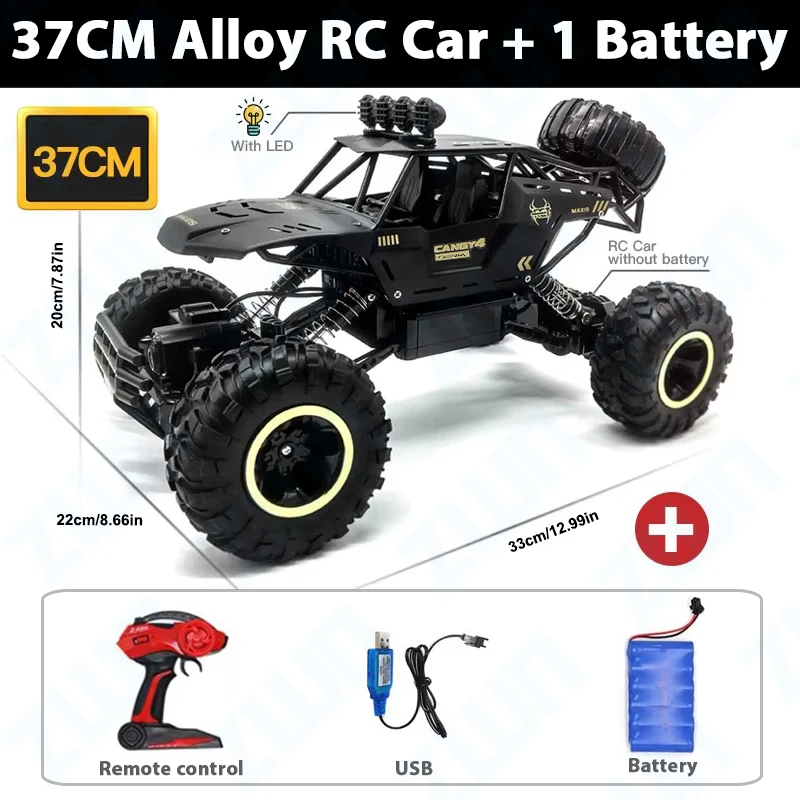 (37 Cm, Preto) Veículo Off-road Com Controle Remoto Sem Fio 2.4g E Luz Led, Brinquedo Para Meninos