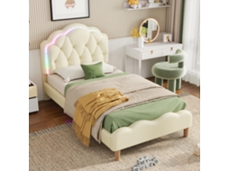 Cama Infantil 90x200cm, Cama De Solteiro Estofada, Cabeceira Ondulada, Com Faixas Led Multicoloridas, Estrado De Ripas, Colchão Não Incluído, Bege