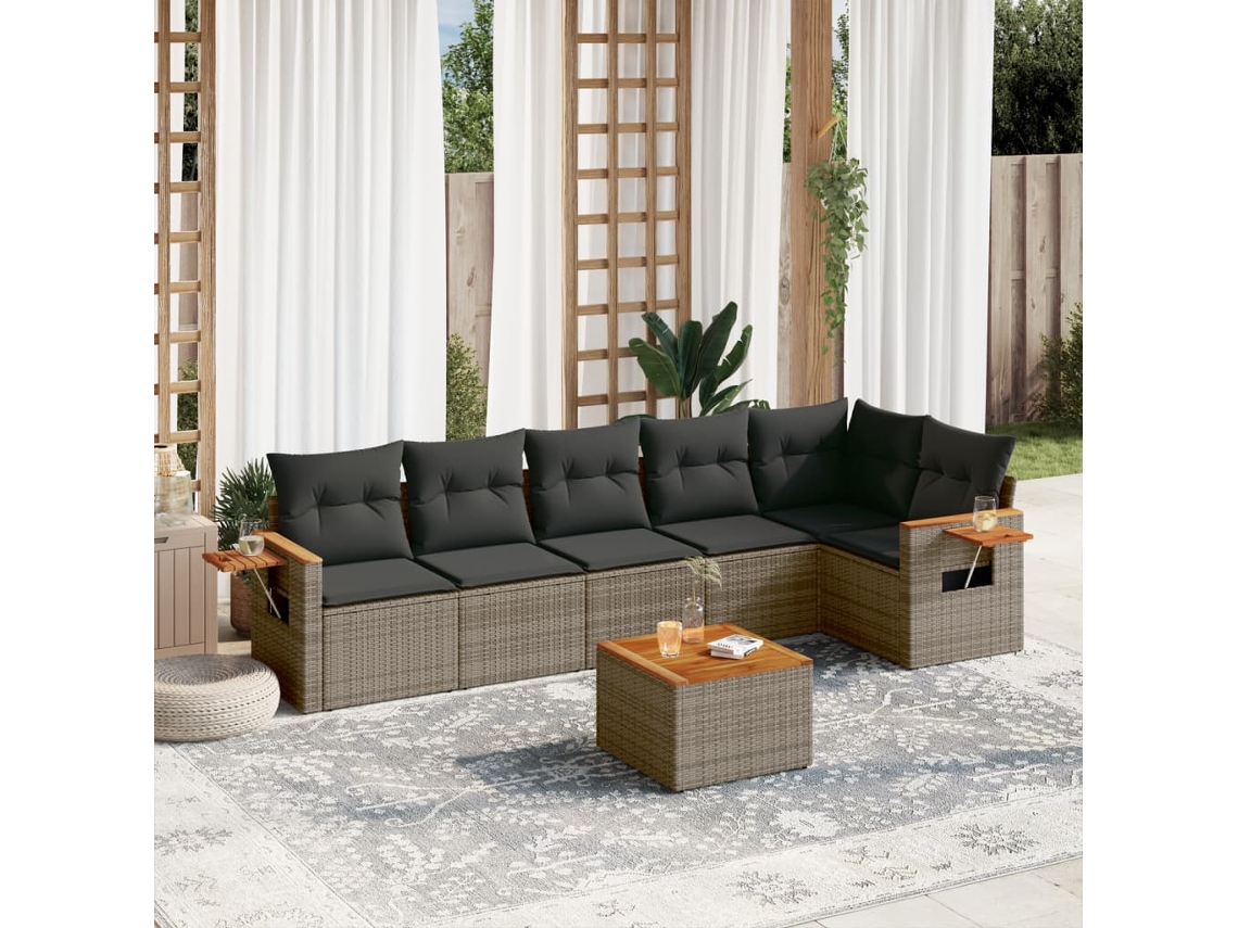 Vidaxl 7 Pcs Conjunto Sofás P/ Jardim C/ Almofadões Vime Pe Cinzento