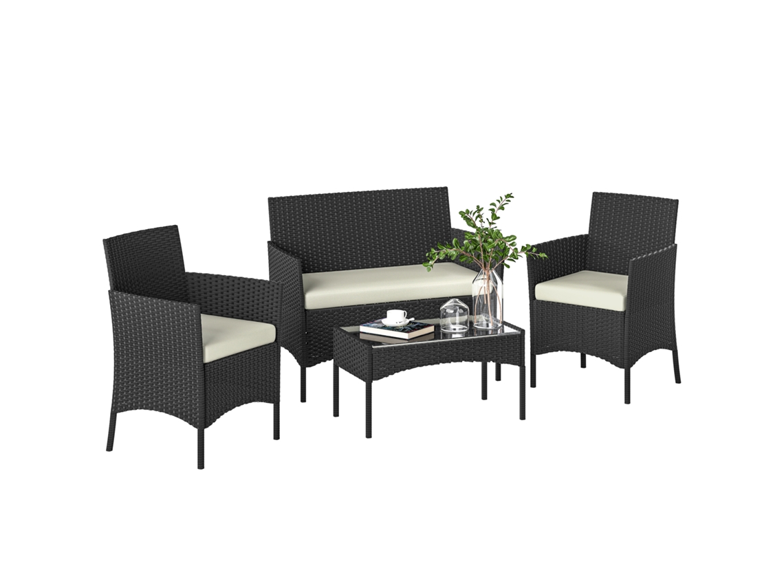 Conjunto De Móveis De - Preto E Creme - Jardim Em Vime Sintético Com Sofá Poltronas E Mesa De Vidro Temperado Com Almofadas