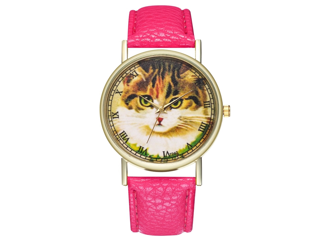 Reloj De Cuero Pu Para Mujer Con Patrón De Gato Dial Redondo De Cuarzo Rojo Rosa