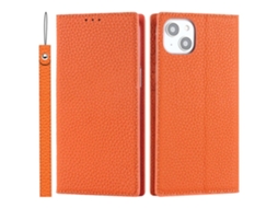 Capa Genuíno Queda Textura Lichia Para Iphone 14 Pele Laranja
