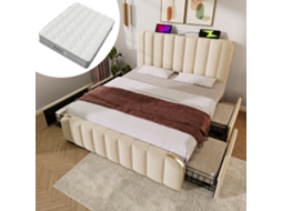 Cama Casal 140x200 Bege Com Cabeceira Acolchoada Usb-c E 4 Gavetas